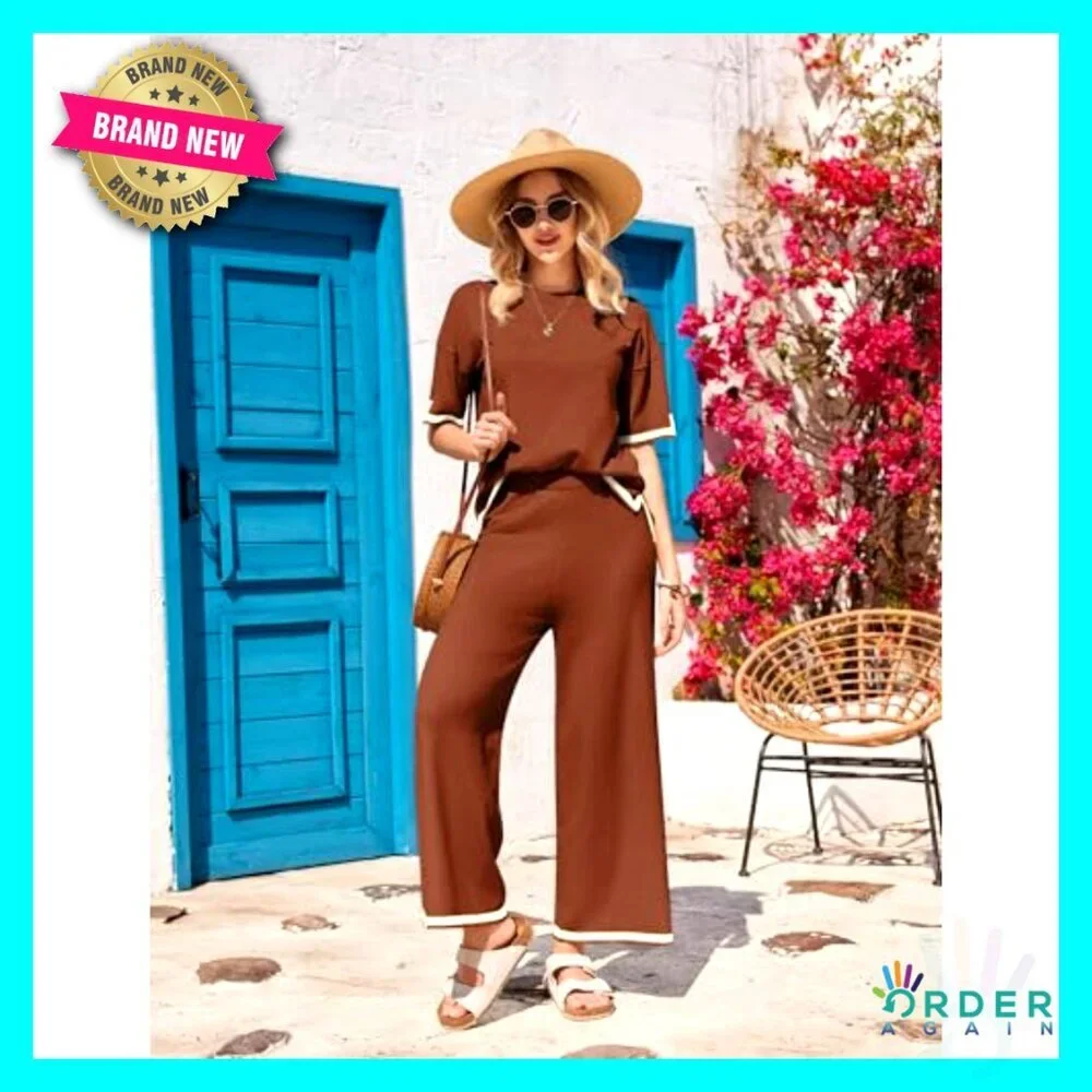 Lounge Set Two Piece Knit Pullover Top Wide Leg Pants Loungewear Travel Outfit